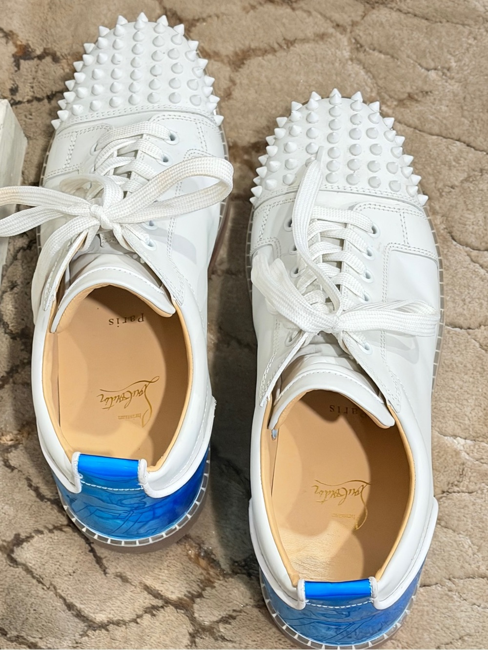 Christian Louboutin White Leather Spike Toe Sneakers with Blue Heel Tab